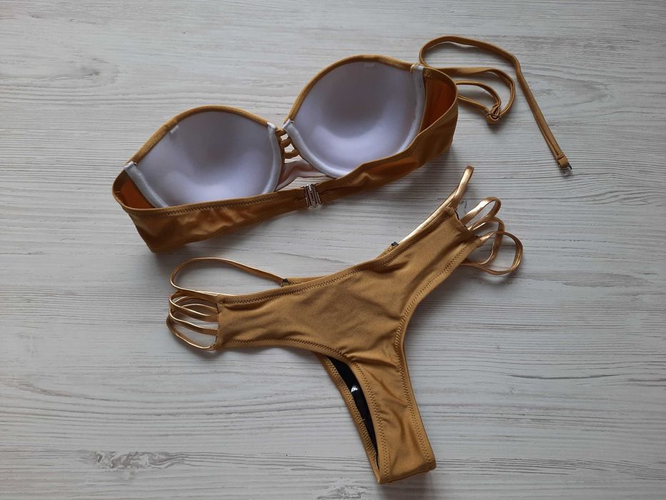 Золотой купальник бандо пуш-ап твердая чашка блестящий бронзовый р.S
