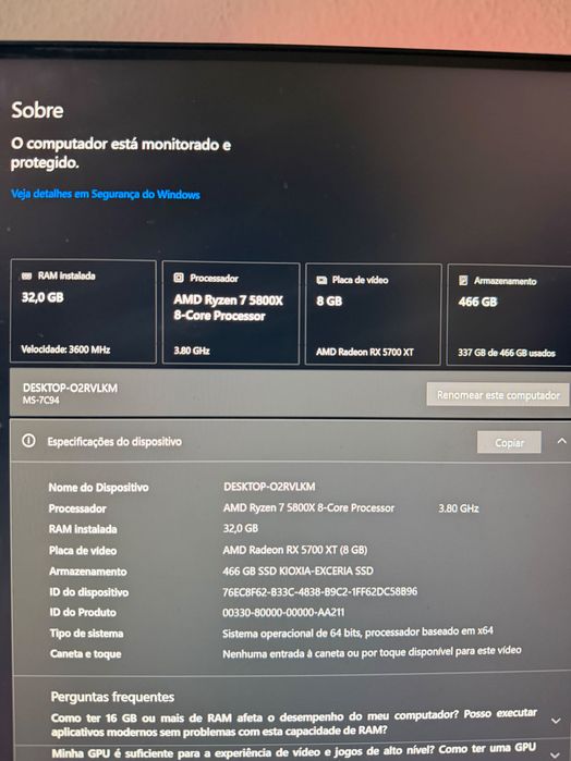 Pc Gaming ryzen 7 5800x 32gb RAM 3600hz RX 5700XT