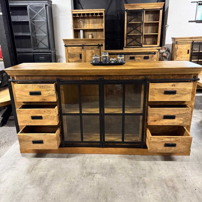 Duża masywna drewniana komoda z szyba/witryna mango 190cm ZAPRASZAM