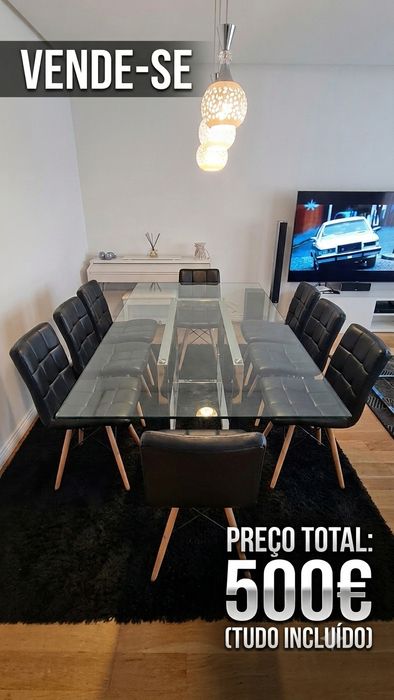 Mesa de Sala de  Jantar em Vidro + Cadeiras
