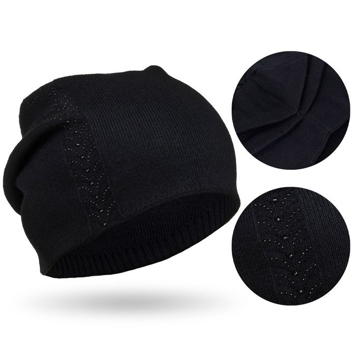 czapka damska beanie z kryształkami czarna - peterson