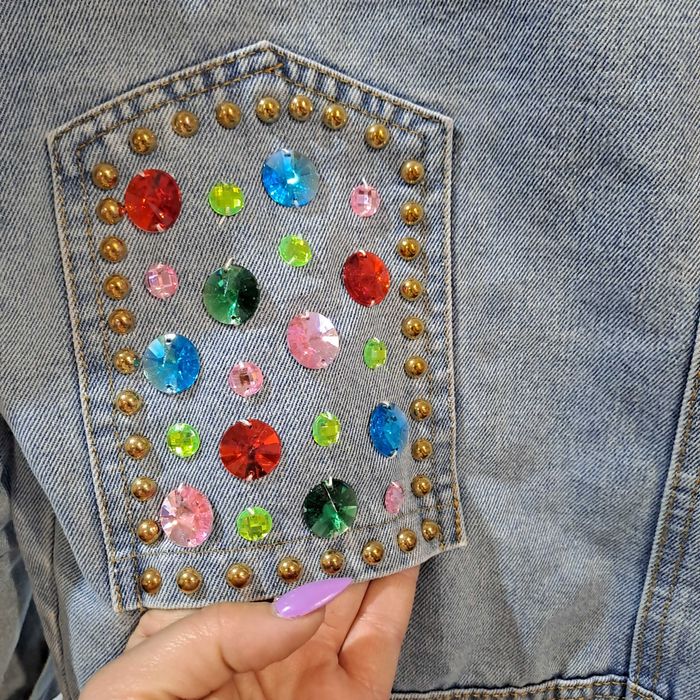 Piękna Miękka Błękitna Katana Kurtka Jeansowa Cyrkonie Perły M/L