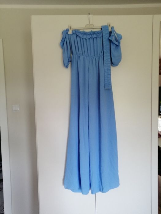 Kombinezon hiszpanka pasek rozcięcia baby blue błękit niebieski s m L