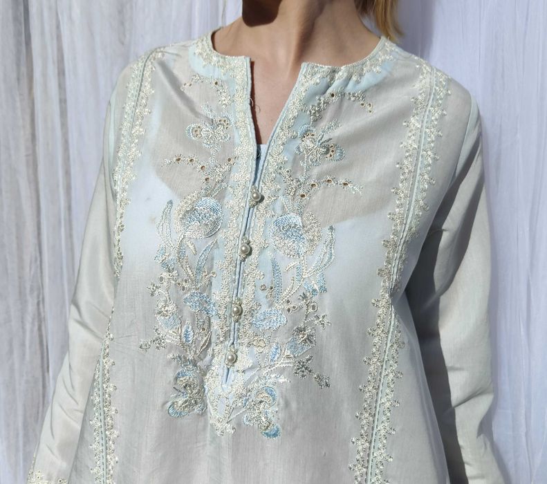 Błękitna tunika indyjska S 36 M 38 lekka przewiewna jedwab niebieska