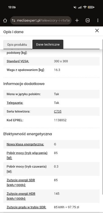 Telewizor TCL 55C735 55" QLED 4K 144Hz Google TV + uchwyt  Gratis