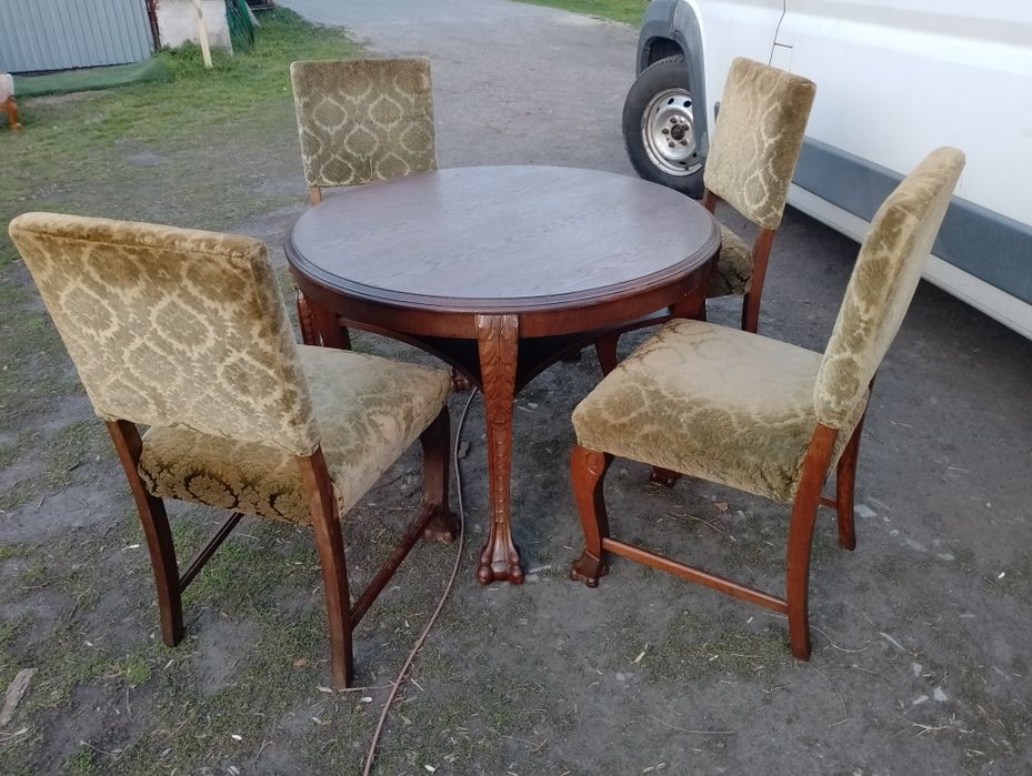 Piękny stół na lwich lapach +4 krzesła antyk