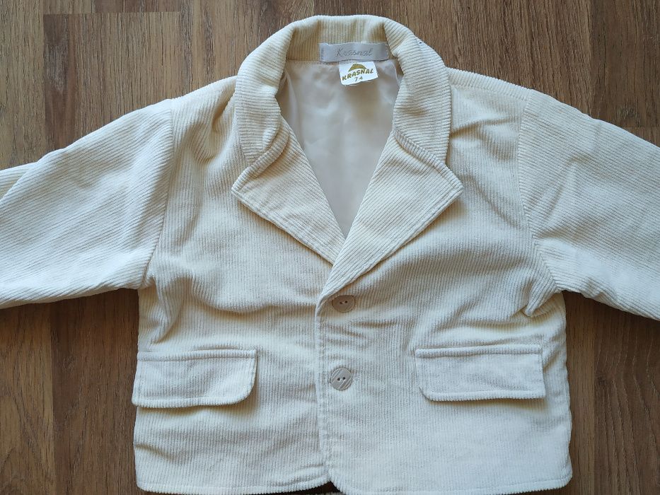 Garniturek Krasnal ecru sztruks rozm 74 gratis buty chrzest roczek