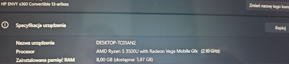 Notebook HP Envy 13 X360 Dotykowy Win 11 8GB Ram  500GB Dysk Razyen 5