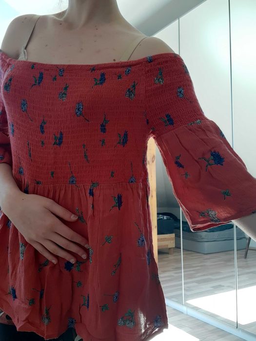 różowa malinowa wiskozowa bluzka hiszpanka odkryte ramiona Sinsay XL