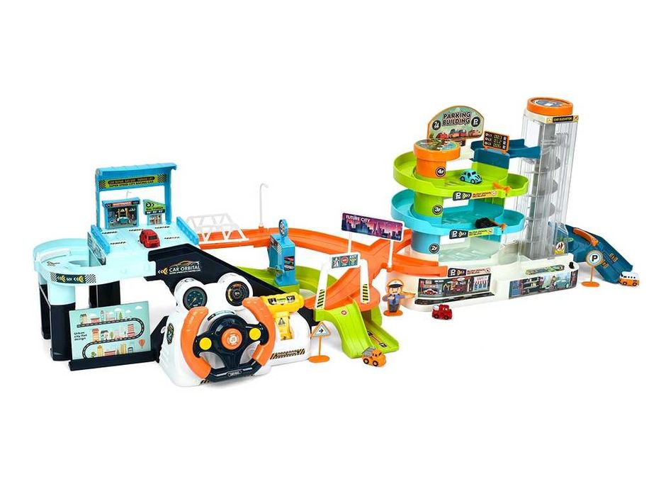 Великий ігровий набір 2в1: паркінг+трек (кермо, трек, ліфт, 6 машинок)
