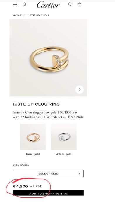 Золотое кольцо Cartier just un clou ( Гвоздь ) с бриллиантами. 750 пр.