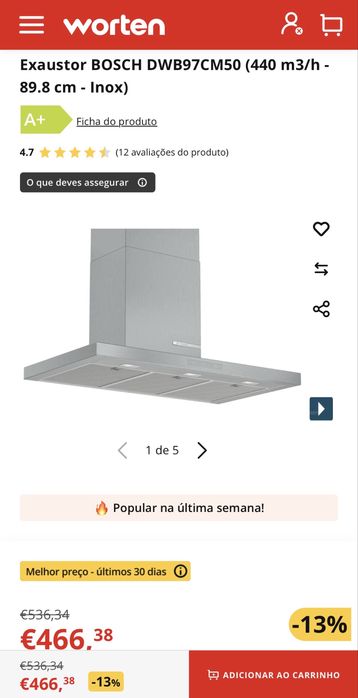 Vendo Exaustor BOSCH DWB97CM50 (440 m3/h - 89.8 cm - Inox) - Sem uso - Na Caixa - Com Garantia