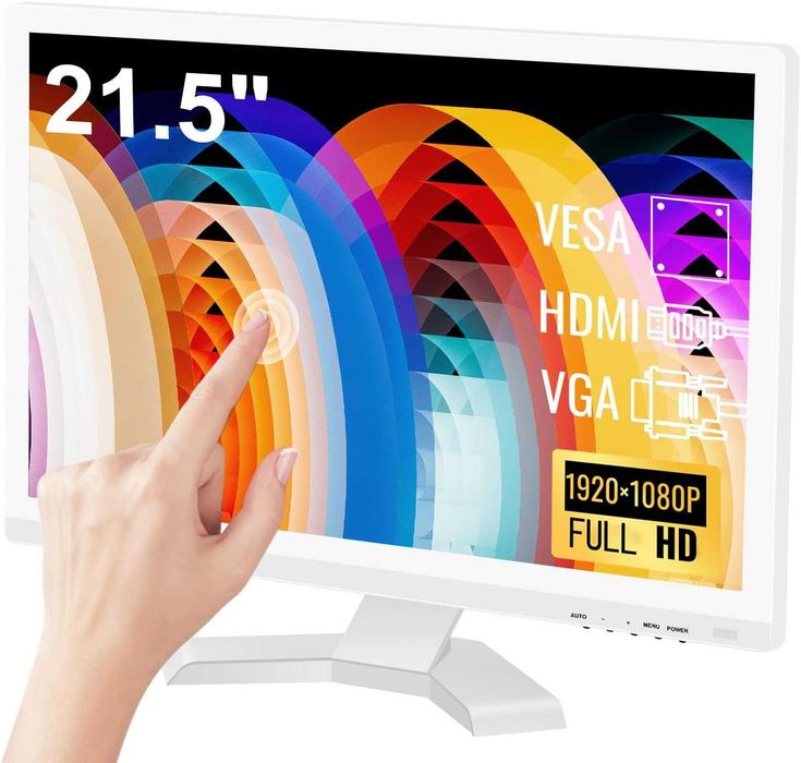 Monitor komputerowy LED z ekranem dotykowym 21,5 cala rozdzielczość Full HD 1920 x 1080 10-punktowy ekran wielodotykowy porty HDMI VGA USB kolor biały