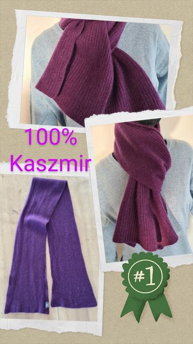 Szalik Szal 100% Kaszmir. Fioletowy Bakłażanowy. 170 x 20 cm