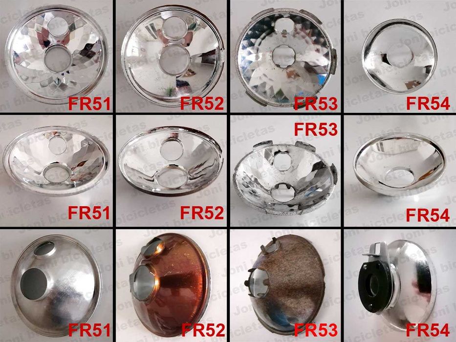 Aros, vidros, espelhos e casquilhos de faróis e farolins de bicicleta