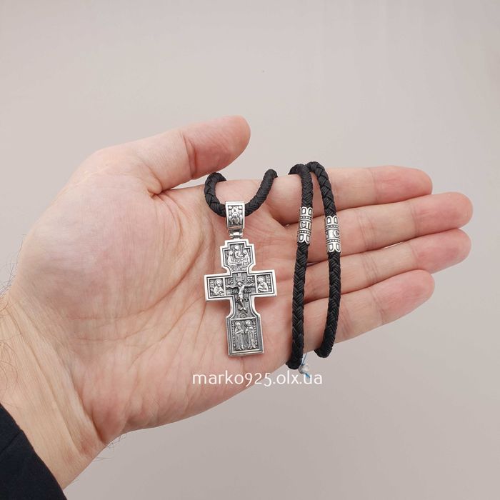 Шовкова цепочка з хрестиком чоловічим двостороннім шнур вставками 4 мм