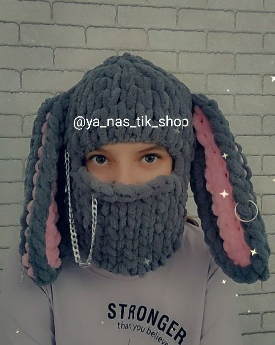 В наявності! Балаклава з вушками зайчика, шапка з вухами і ланцюжком