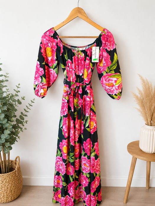 Sukienka długa New Collection czarna print różowe kwiaty hiszpanka S/XL
