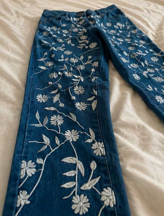 spodnie jeansy boho coquette hafty łączka kwiatki S/M