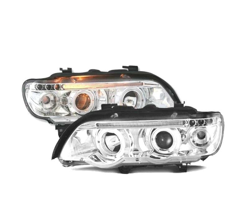 FARÓIS RENTE ANGEL EYES BMW X5 E53 FUNDO CROMADO
