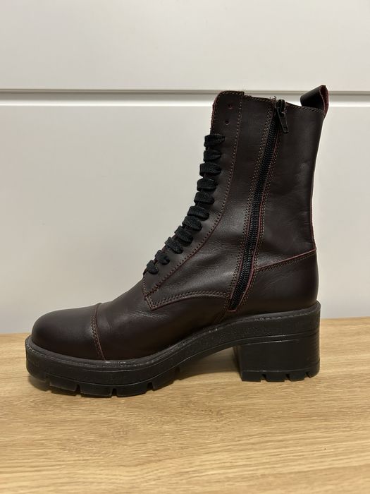 Zara sznurowane botki 37 bordo biker glany wiśniowe skóra obcas
