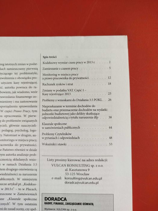 Doradca. Kadry, finanse, zarządzanie oświatą, Vulcan, styczeń 2013