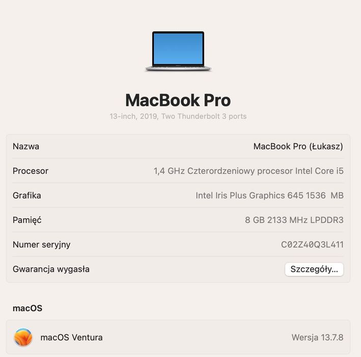 Macbook Pro 13 (2019) Stan idealny Touch Bar (A2159)