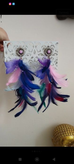 Kolczyki ze słońcem i piórami kolorowe