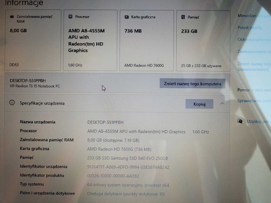 Laptop HP 15-N029eo TS AMD A8 8GB Ram / SSD 250GB / Dotykowy -Stan BDB