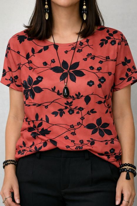 Blusa Fluída Coral com Estampa Botânica / Floral Preta - Tamanho XL - Nova!