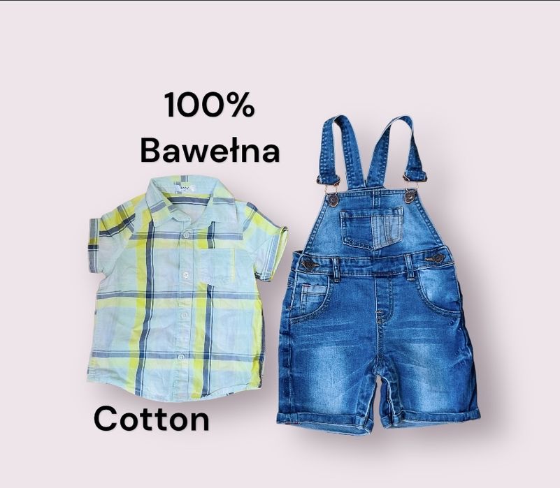 Zestaw koszula w kratkę spodnie ogrodniczki dżinsowe 80 bawełna