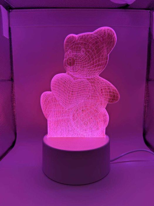 3D LED нічник "Ведмедик з серцем" | Рожеве підсвічування | Подарунок