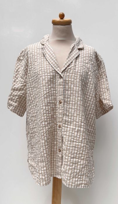 Koszula Męska L Kratka Beżowa Biała Muślinowa H&M