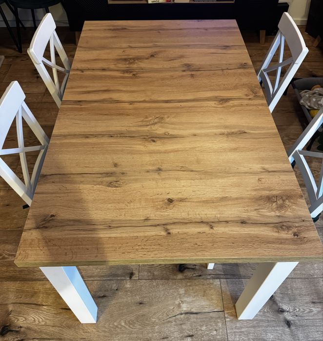 Stół jysk markskel 90x150/193 bialy/  dąb naturalny z krzesłami ejby 7x używane