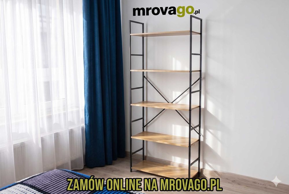 Regał na Książki 5 Półek 146x60x30cm | Półki Meble Półka Loft Metal Salon | Szafka Industrialna Dąb Czarny Stojąca Biuro Nowoczesna Nowy FV23%