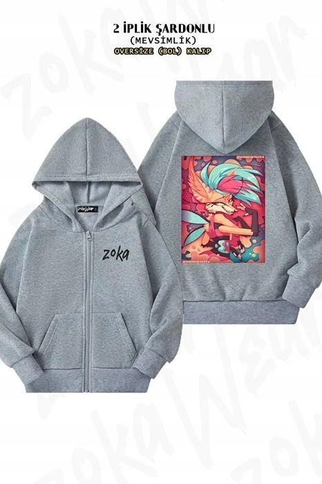 Szary sweter damski z kapturem i nadrukiem w stylu oversize l/xl 5ia
