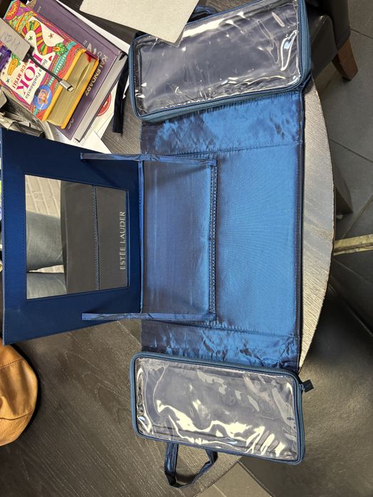 Estée Lauder Blue Satin rozkładana kosmetyczka ze stojącym lusterkiem vintage organizer toaletka