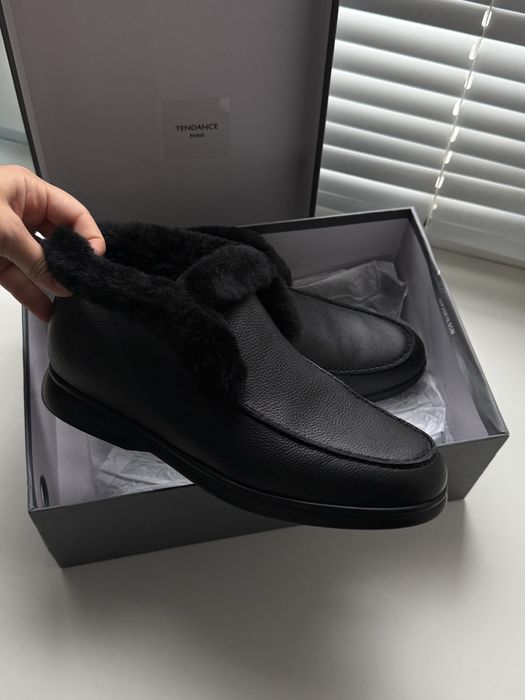 Женские черные ботинки лоферы кожа с овчиным мехом tendance paris