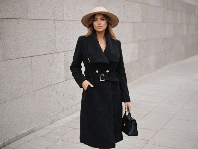 Czarny elegancki płaszcz damski z paskiem klasyczny długi czarny