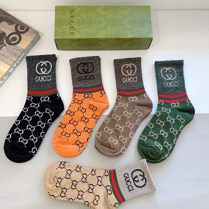 (5 pares) Meias compridas estilo novo Gucci tecido de algodão puro