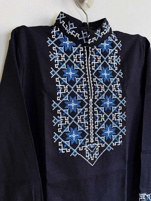 Вишиванка дитяча для хлопчика шкільна з довгим рукавом темно синя