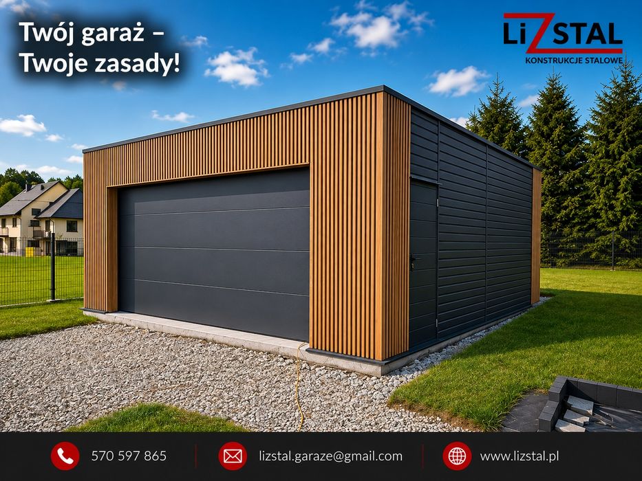 Garaż z wiatą 6x6, wypusty dachu, segmentowa