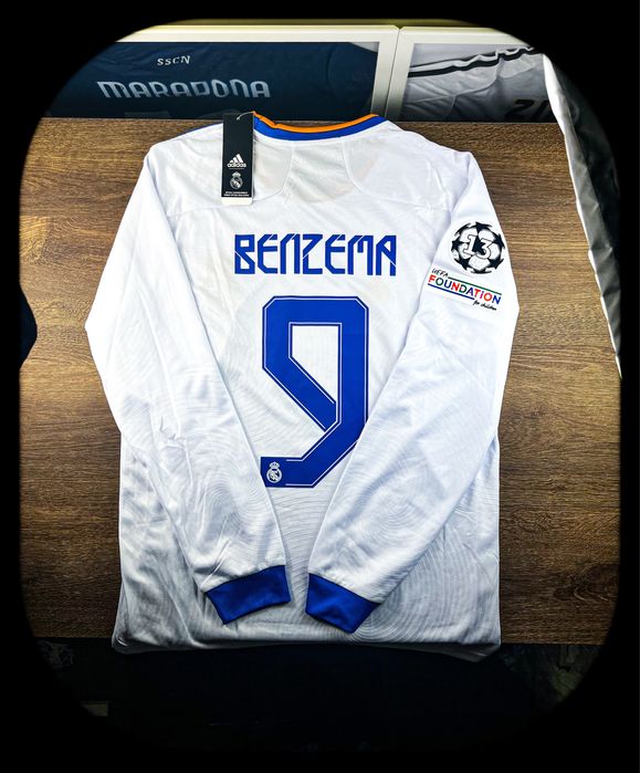 (S) KARIM BENZEMA 9 REAL MADRYT LIGA MISTRZÓW 2021/2022 NOWY LONG SLEEVE Wyjazdowa Biała Piłkarska Koszulka Sportowa T-shirt | Champions League UEFA