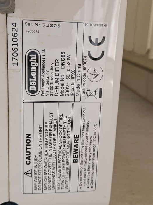 Desumidificador De'Longhi Aria Dry Light DNC 65