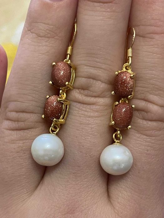 Серебряные серьги жемчугом 9мм и золотым песком