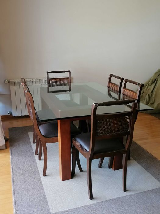 Mesa sala de vidro e madeira wengué