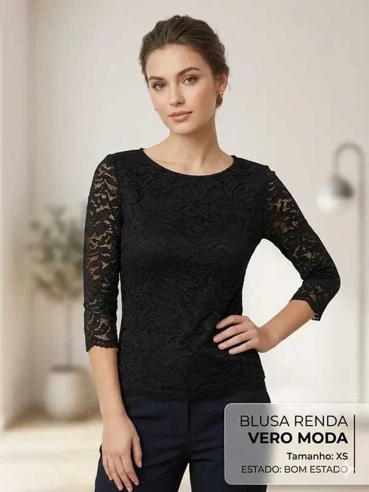 Blusa de Renda Preta Vero Moda – Manga 3/4 (Tam. XS)