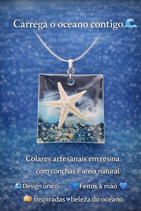 Pendentes artesanais feitos em resina com areia e conchas naturais.
