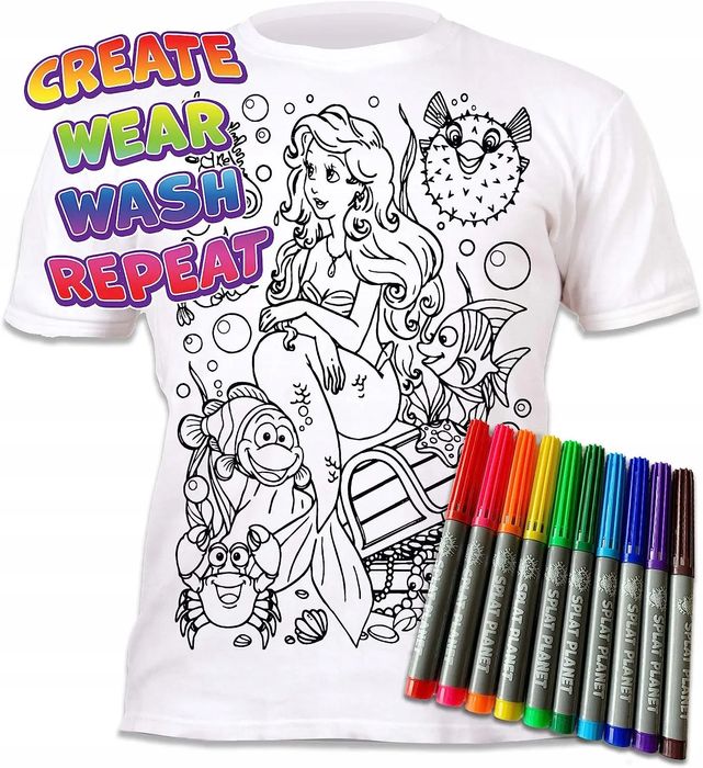 Koszulka Do Malowania Syrenka T-Shirt + 10 Zmywalne Markery 7-8 Lat. Splat Planet. Nowy Produkt