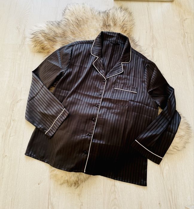 Czarna jedwabna koszula nocna piżama do spania rozpinana w paski XL